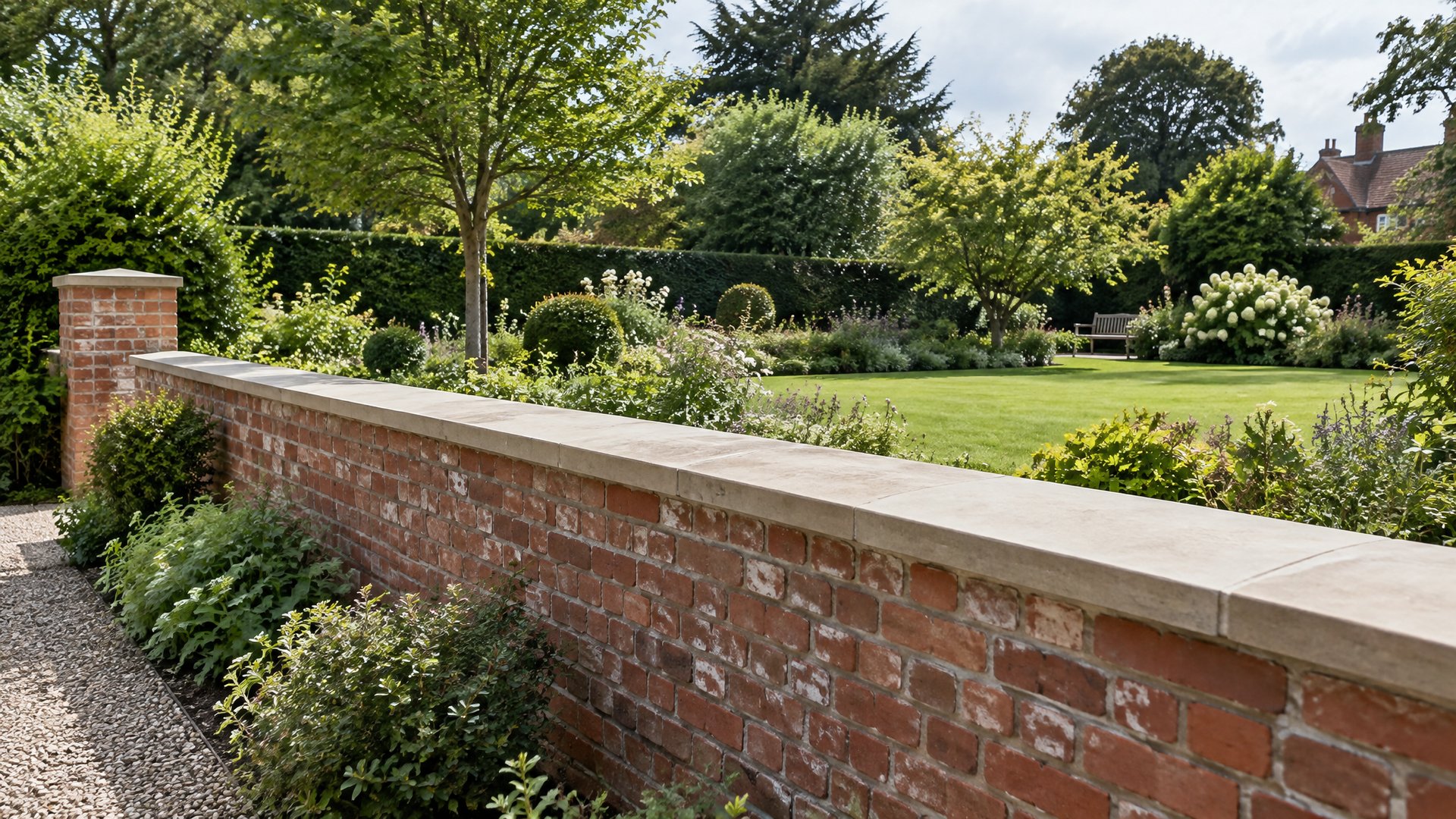 Brick garden wall with stone coping